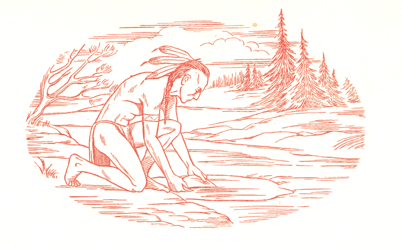 A sketch of a crouching First Nations man with feathers in his long hair. He is scooping a substance out of a hole with a bowl. There are trees in the background.