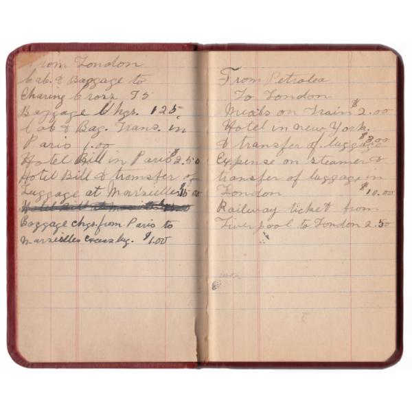 List of expenses written in black ink on lined paper inside a record book. Expenses are from London and Petrolia. They include: "Hotel in New York $3.00" and "baggage transfer in Paris $1.00". 