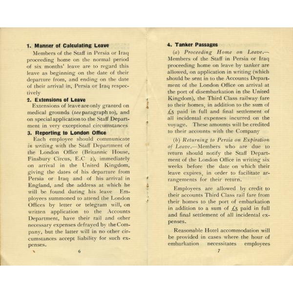 Page 6 et 7 d’un livret sur les congés au Royaume-Uni. Les sections comprennent « Mode de calcul du congé », « Prolongation du congé », « Se présenter au bureau de Londres », et « Passages à bord de navires-citernes ».