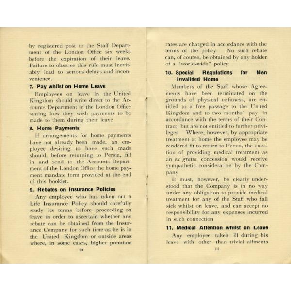 Page 10 et 11 d’un livret portant sur les congés au Royaume-Uni. Elles comprennent les sections intitulées « Rémunération pendant les congés à domicile », « Paiements à domicile », « Rabais sur les polices d’assurance », « Réglementation spéciale pour les hommes invalides à domicile », et « Soins médicaux pendant le congé ».