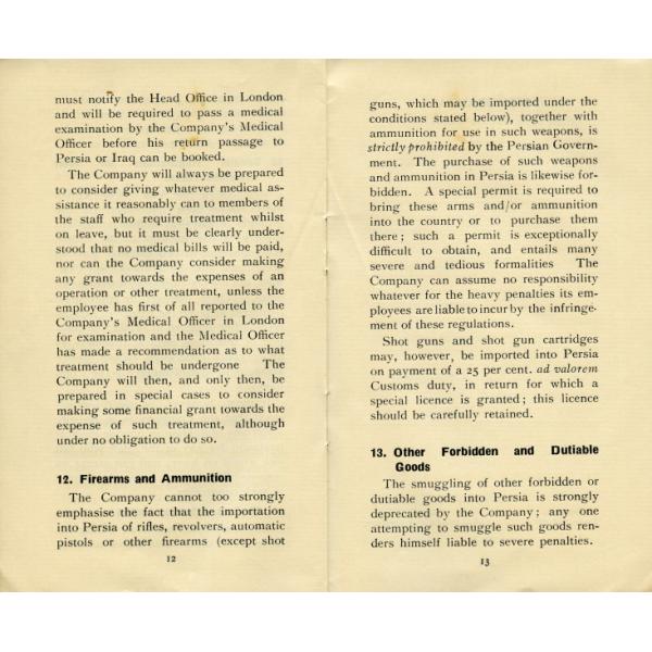 Pages 12 and 13 of a booklet on going on leave in the United Kingdom. It included sections on "Firearms and Ammunition" and "Other Forbidden and Dutiable Goods". 