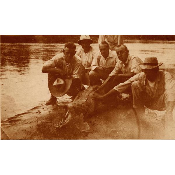 A photo of a group of men crouching with an alligator on a river bank. Its mouth is open, showing its teeth. 