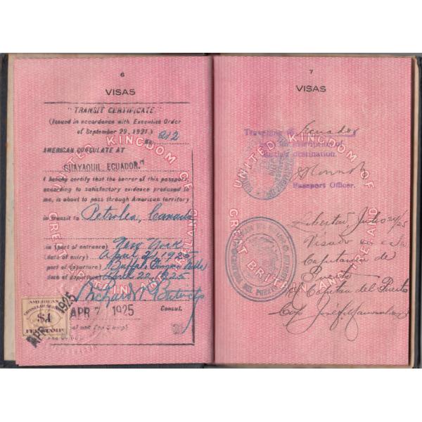 Visas from Ecuador stamped on pink pages. There is information written in blue and black ink over printed lines.