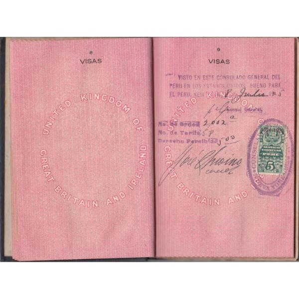 A green visa stamp from Peru on pink pages. There is stamped information in purple ink, too. 