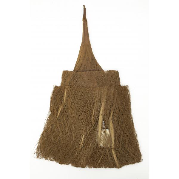 Back side of light-brown hat made from shrub leaves. 