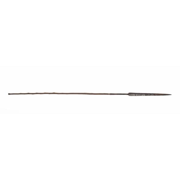 A spear with a brown wooden shaft that has knots in it attached to a metal head that tapers to a point.