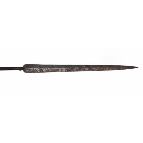 A long metal spearhead with rust on it. It has a rounded end, straight sides, and tapers quickly to a point at the end.