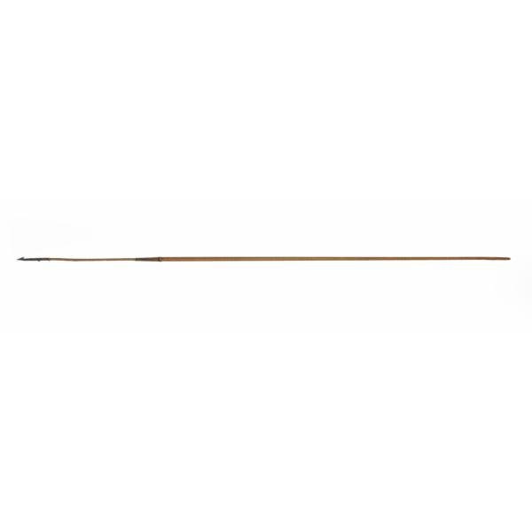 A spear with a metal head tied to a brown wooden shaft with string. The spearhead has a large barb on the end and a smaller one closer to the shaft.