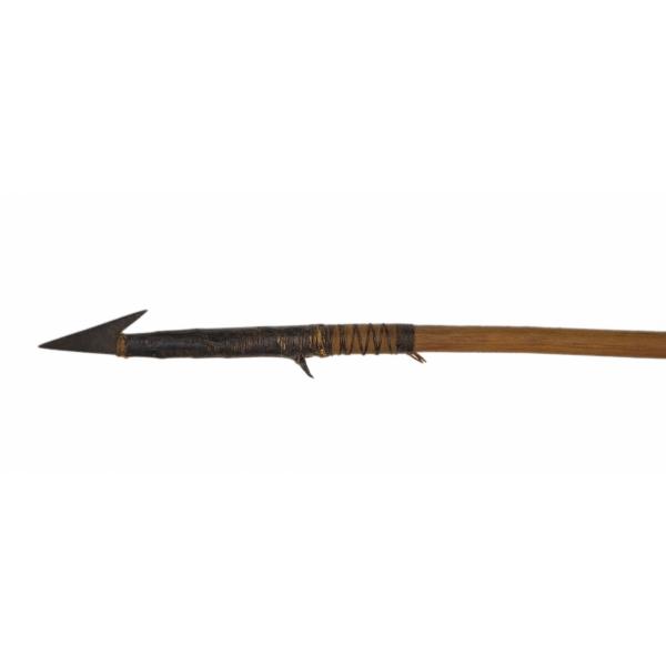 A metal spearhead with a large barb on the end and a smaller barb closer to a shaft made of brown wood, tied on with string.