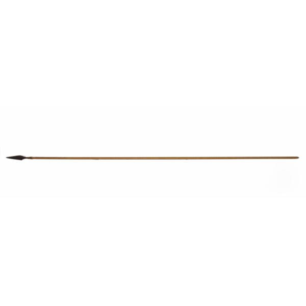 A wooden fishing spear. The shaft is light brown and cylindrical. The head is dark brown and shaped like a diamond. The two pieces are held together by a piece of string.