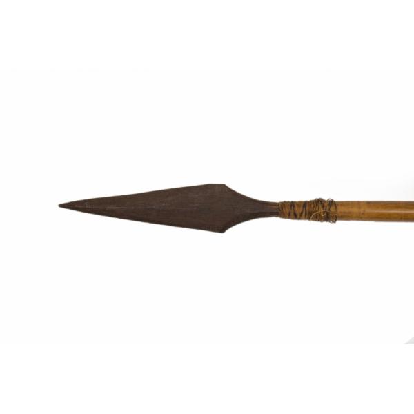 The head of a fishing spear. It is dark brown and shaped like a diamond. It is attached to the shaft with a piece of string.