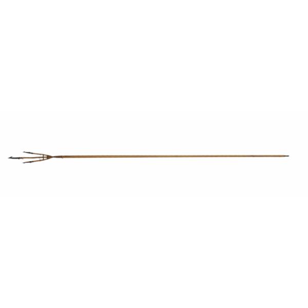 A three-pronged spear made of wood with metal spearheads tied to the ends. The ends of the three prongs are woven onto the end of a main shaft of wood using string. The metal spearheads have a single barb on the end and a smaller barb toward the shaft.