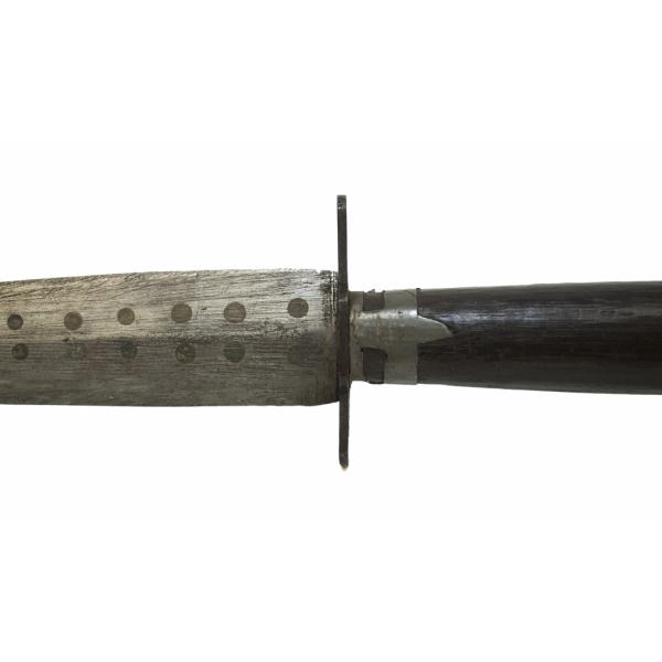 A metal dagger with a dark wooden handle. The blade is symmetrical and there are two rows of dots down its length.  