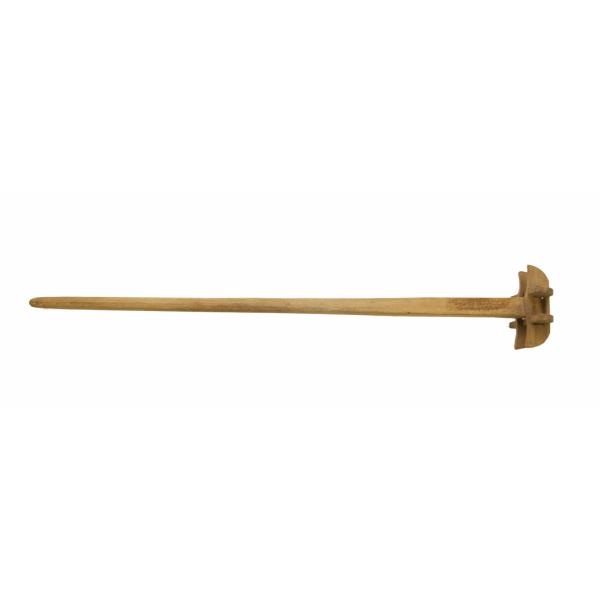 A honey-coloured handmasher with a long shaft and four short pieces of wood that are interlocked on the end.