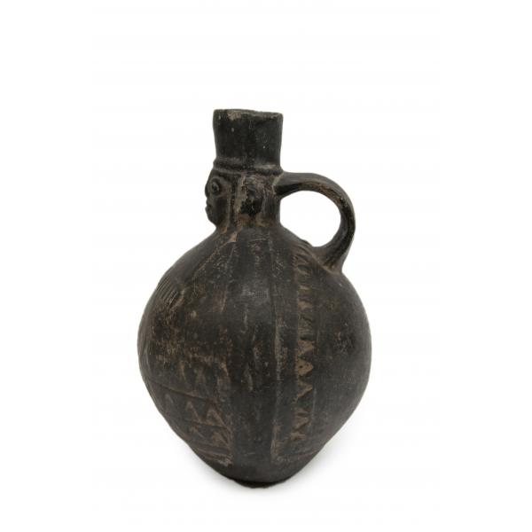 Side view of black portrait-head vessel. The left side of the face on the spout is visible, as is the handle and round body of the figure.