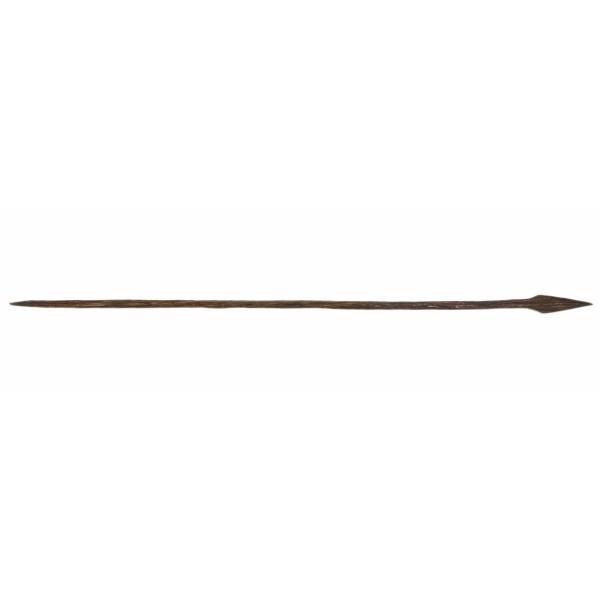 A dark brown arrow made from heart wood. It narrows to a point at the left end and is shaped like a diamond on the right end. 