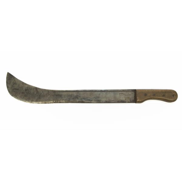 A machete with a curved metal blade and wooden handle facing left.