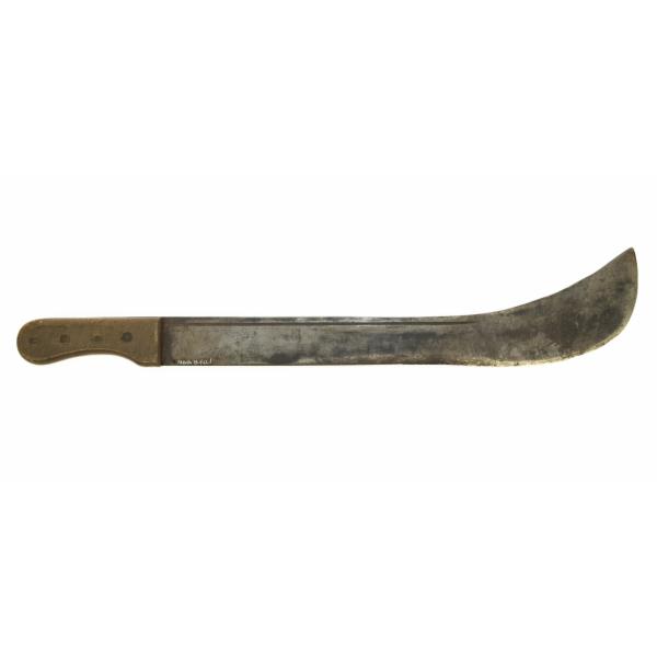 A machete with a curved metal blade and wooden handle facing right.