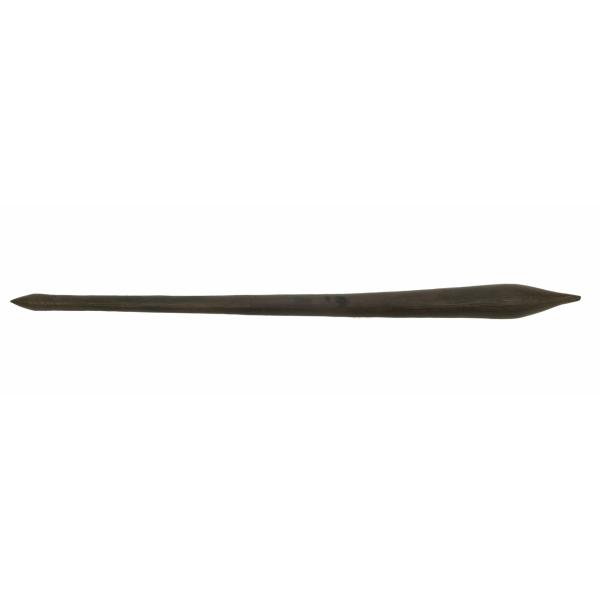 A dark wooden club that narrows to a point at both ends. There are raised veins in the grain of the wood. The right end and point are wider than the end on the left.