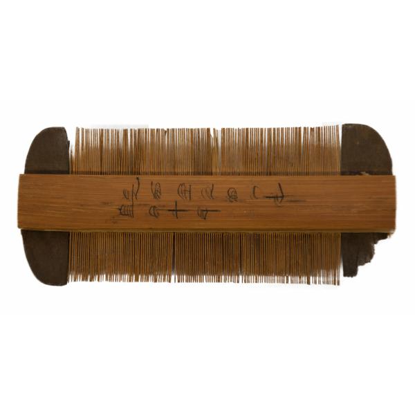 The front of a wooden comb with Japanese characters on the shaft. The teeth are perpendicular to the shaft and are the same brown colour. There is a wider piece of dark brown material at each end.