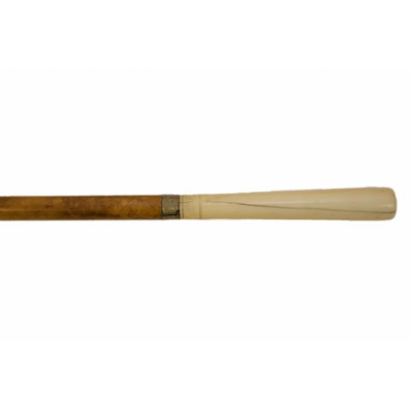 The ivory handle of a bamboo walking cane. There is a crack running along it and it is attached to the shaft of the cane with a piece of metal. 