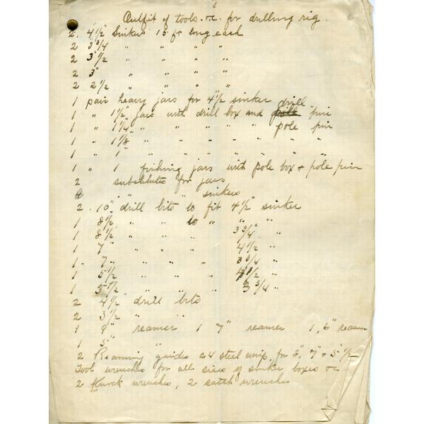 A list written with black ink on a yellowed piece of papers with faded blue lines. There are numbers followed by a list of the required tools. 