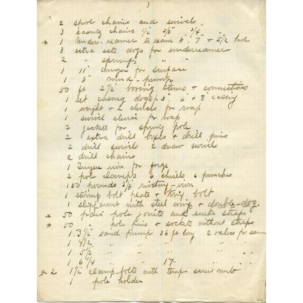 A list written with black ink on a yellowed piece of papers with faded blue lines. There are numbers followed by a list of the required tools. The number "3" is at the top of the page.