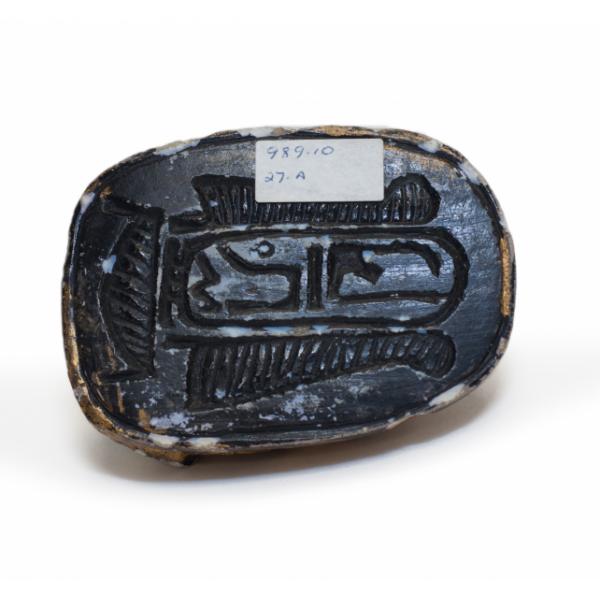 The bottom of a scarab showing an inscribed cartouche. 