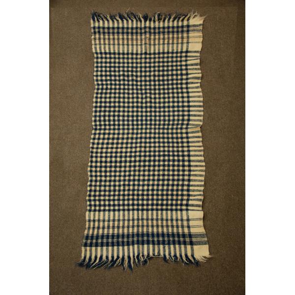 A checkered beige and navy blanket. The top and bottom edges are fringed. 