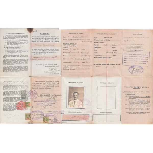 Inside of the Indian passport belonging to William Gillespie indicating his personal details and renewal stamps. 