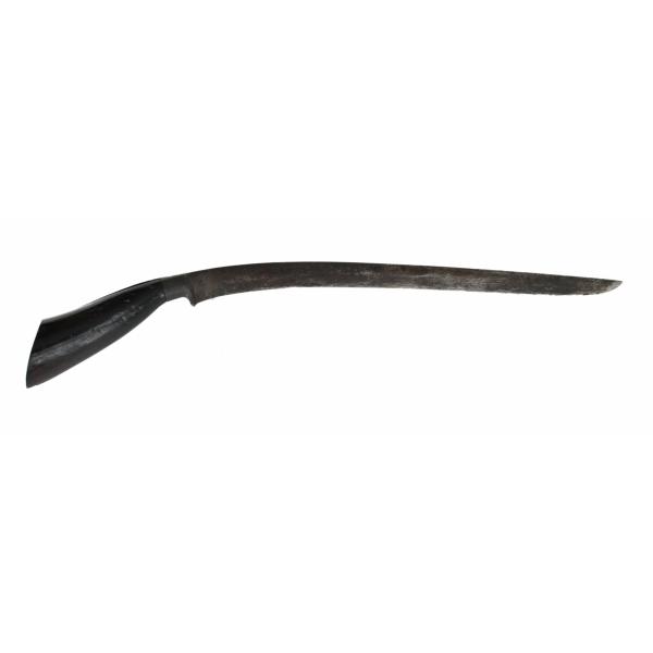 A knife with a curved blade and a dark wooden handle. 