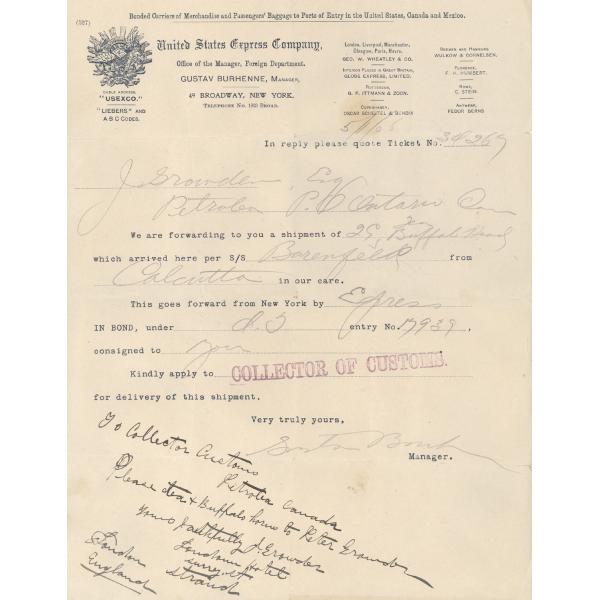 A yellowed piece of paper with United States Express Company letterhead at the top. There is a typed note underneath that has blank spaces filled in by hand. There is a red stamp in the middle and a handwritten note at the bottom.