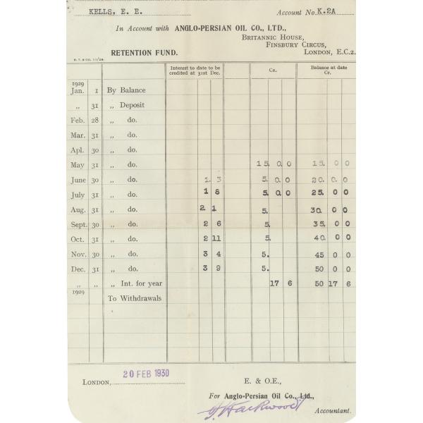 Formulaire imprimé comprenant des colonnes et des lignes. Les dates et les montants des dépôts ont été dactylographiés. Il y a une signature à l'encre violette en bas.  