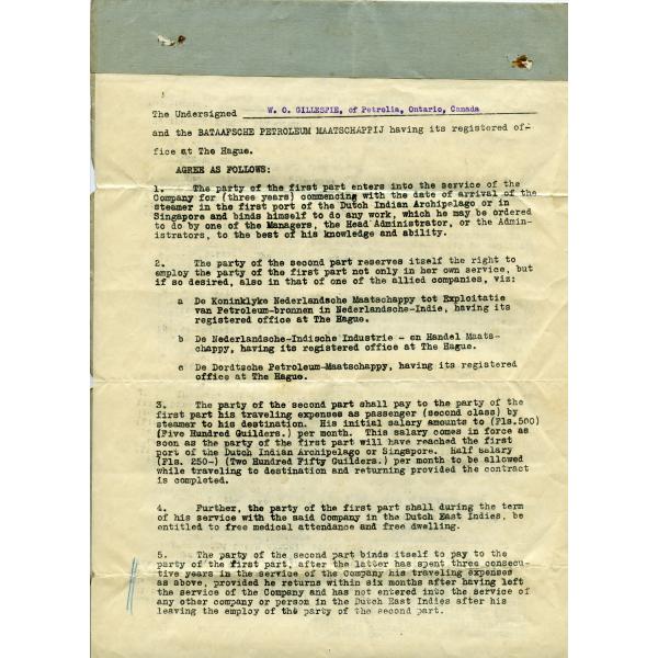 A yellowing piece of paper with typewritten black text. Additional information has been typed in with blue ink. There is a line of blue-grey material along the top. The paper has three crease marks, spaced evenly apart and running horizontally. 