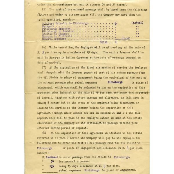 A sheet of yellowing paper with black typewritten text. Blue text has been typed in over top.