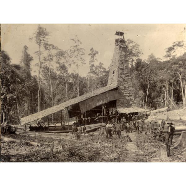 A group of International Drillers stand outside a thatched oil rig. There are trees in the background.