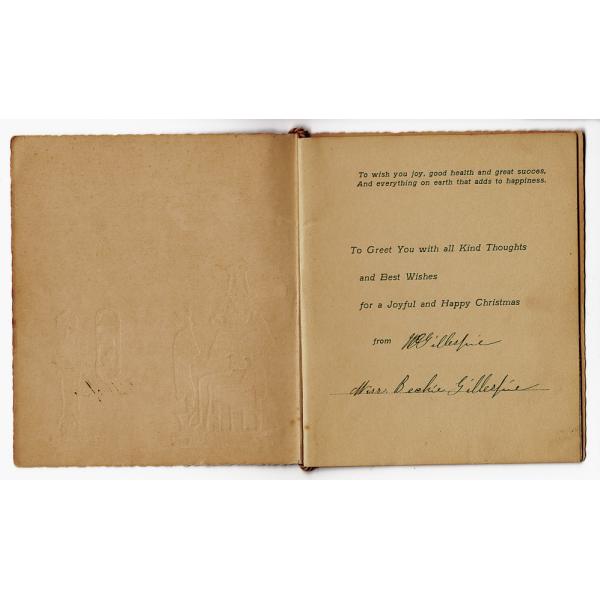 Inside cover of the Christmas photo-booklet with a printed message and signed by William Gillespie.  