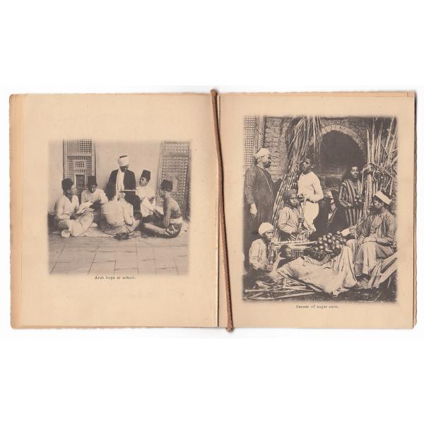 Second and third pictures showing several boys sitting in a circle at school, and several people selling sugar cane in a market.   