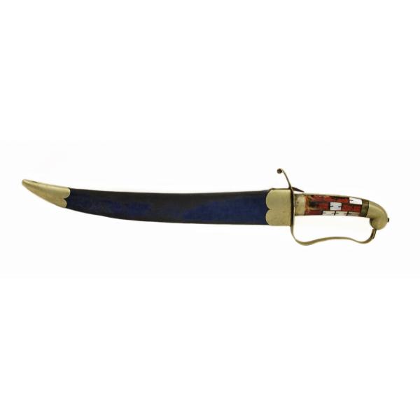 Sheathed dagger pointing left. The tip and hilt are gold and the sheath is made from blue velvet. There is mother-of-pearl inlaid in the haft. 