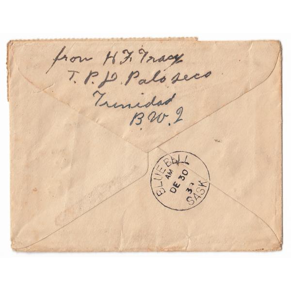 The back of envelope that contained a Christmas card. Humphrey Tracy's return address is written on it and there is a postmark from Saskatchewan. 