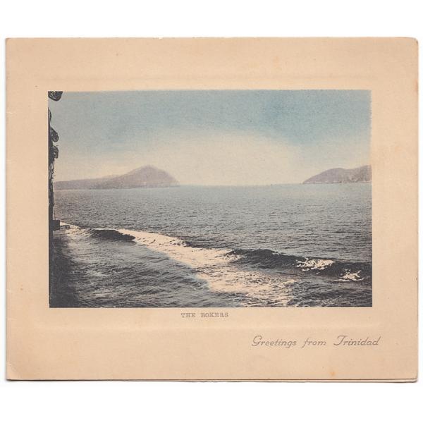 The front of a Christmas Card with a picture of a wave rolling in and two islands in the distance. It reads: "The Bokers. Greetings from Trinidad". 