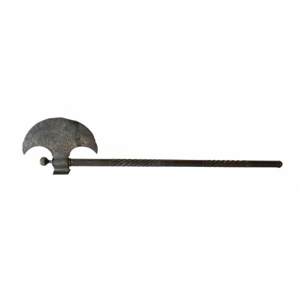 A Persian saddle-axe with a long handle and a saddle-shaped iron blade. The handle has alternating plain and spiral designs on it.