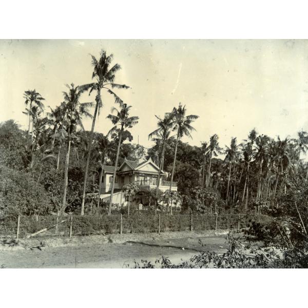 A light-coloured two-story building behind a fence with bushes growing through it. There are trees in the background.