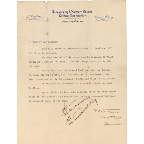 Une lettre de recommandation dactylographiée et signée pour George Rawlings. Le papier est jauni et l’écriture est à l’encre noire. 