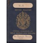 The front cover of a British Passport issued to Frederick Thomas Webb. It is navy with gold writing and a crest. There are two light-coloured stickers with handwritten titles.