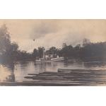 Front of postcard showing a white boat on a river. There is a pile of logs in the foreground and trees in the background.  