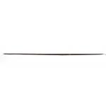 A straight, dark wooden bow. There are notches for attaching a string at both ends and the string is laying along the bow. There are four bands of brown string wrapped along the shaft for decoration.