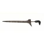 A dagger blade pointing left. It has a metal blade that flares at the hilt and a carved wooden handle in the shape of a bird. 