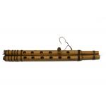 The front of the two bamboo flutes that are tied together with string. Each one has six play holes. There is a peg sticking out of the second hole on the right of the top flute.