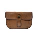 The front of a small, brown, leather pouch with a button closure and folded top flap. 